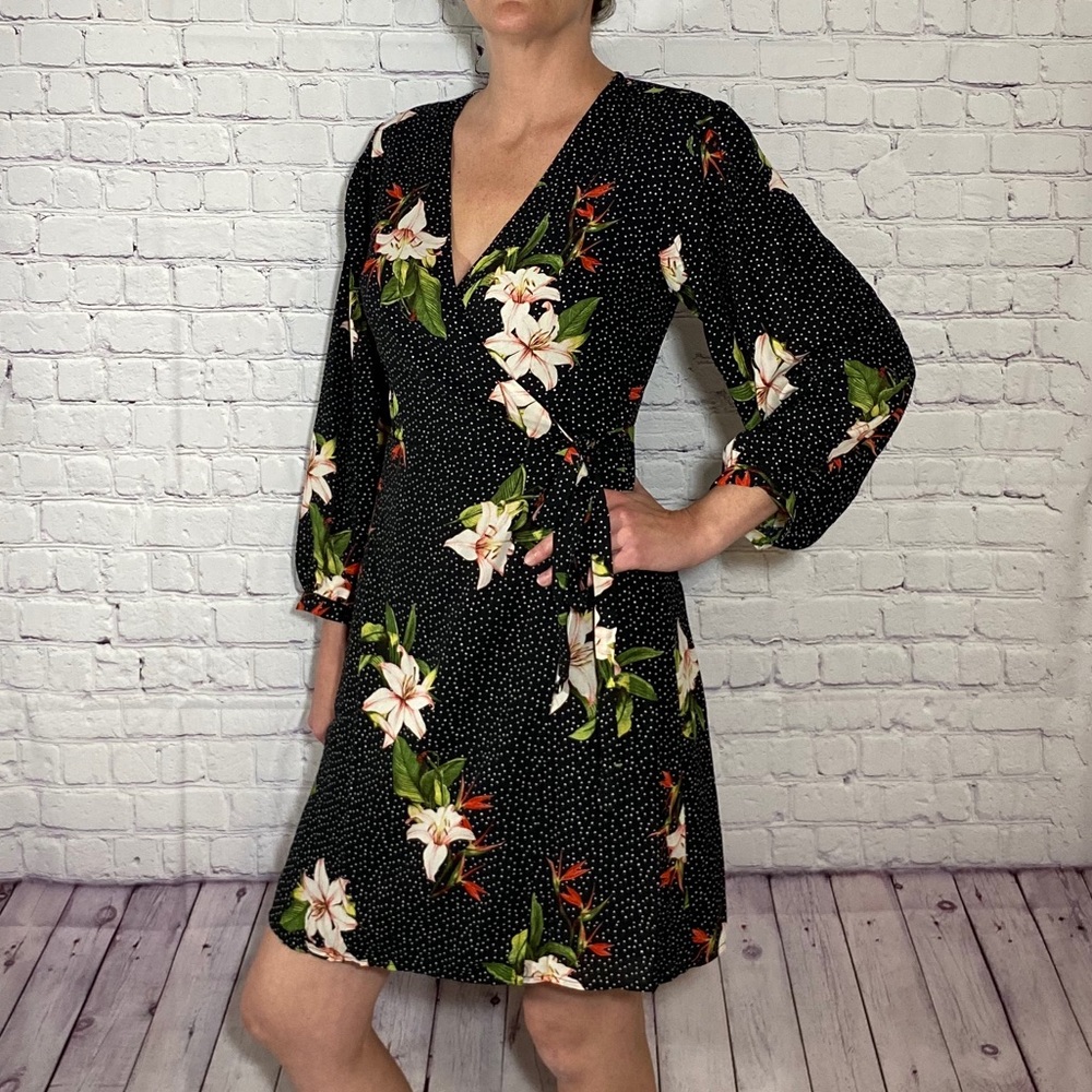 Polka dot floral wrap dress